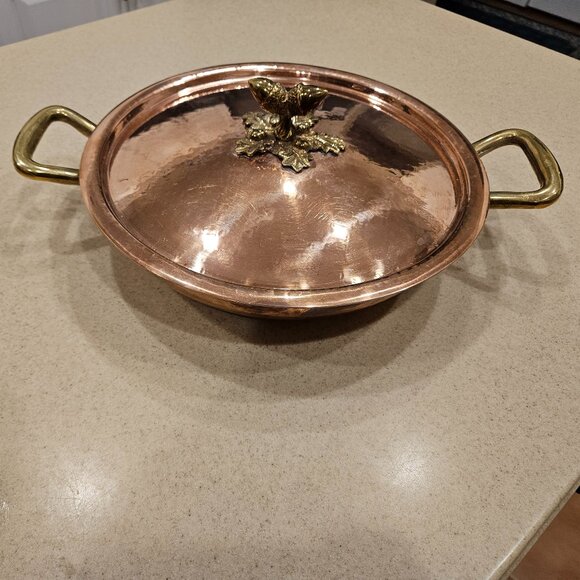 RARE RUFFONI HISTORIA COPPER HAMMERED COPPER AU GRATIN PAN POT ACORN HANDLE LID - Picture 1 of 13